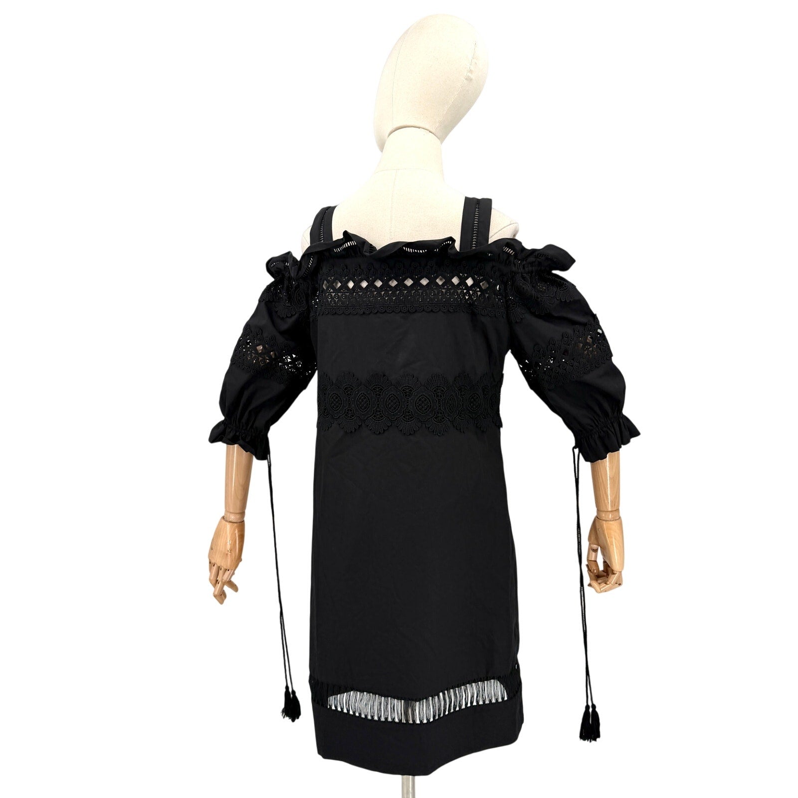 Gracia Black 100% Cotton Lace Cold Shoulder Ruffle Dress