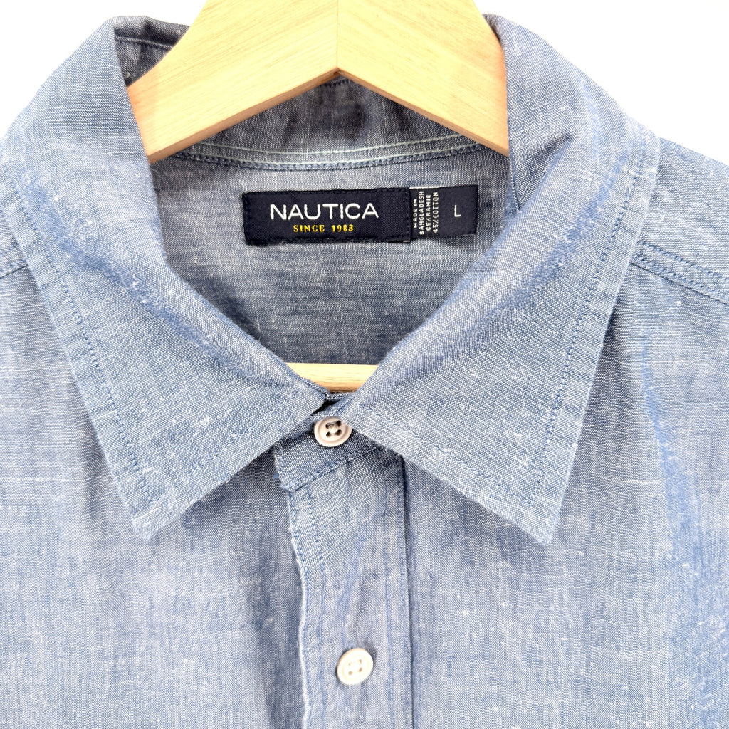 Nautica Blue Ramie Cotton Blend Short Sleeve Button Down Shirt