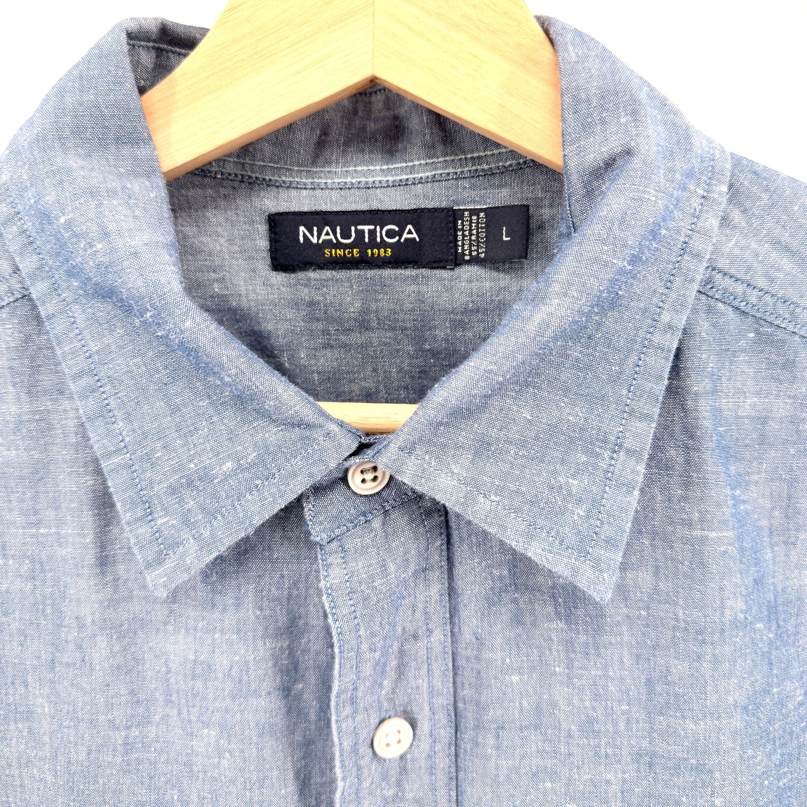 Nautica Blue Ramie Cotton Blend Short Sleeve Button Down Shirt