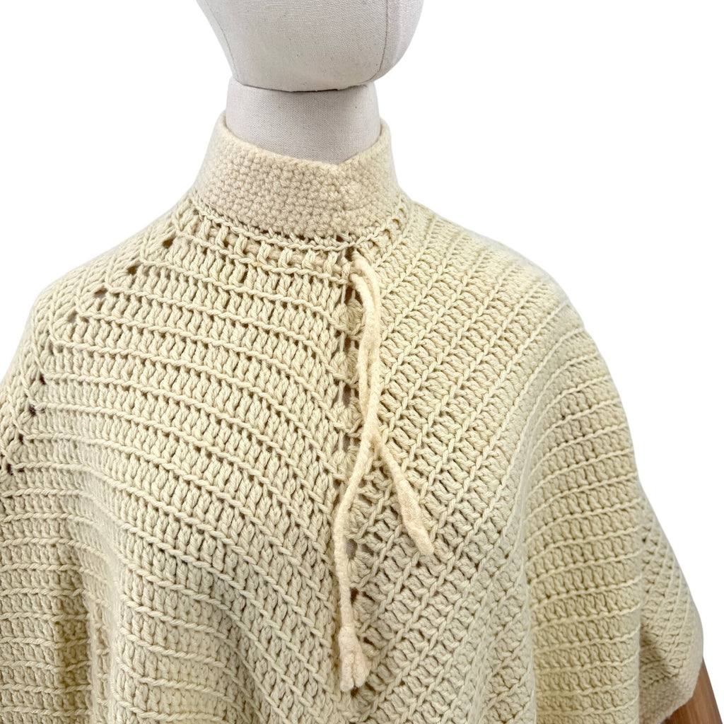 Vintage 70s Cream Hand Crocheted High Neck Tie Poncho