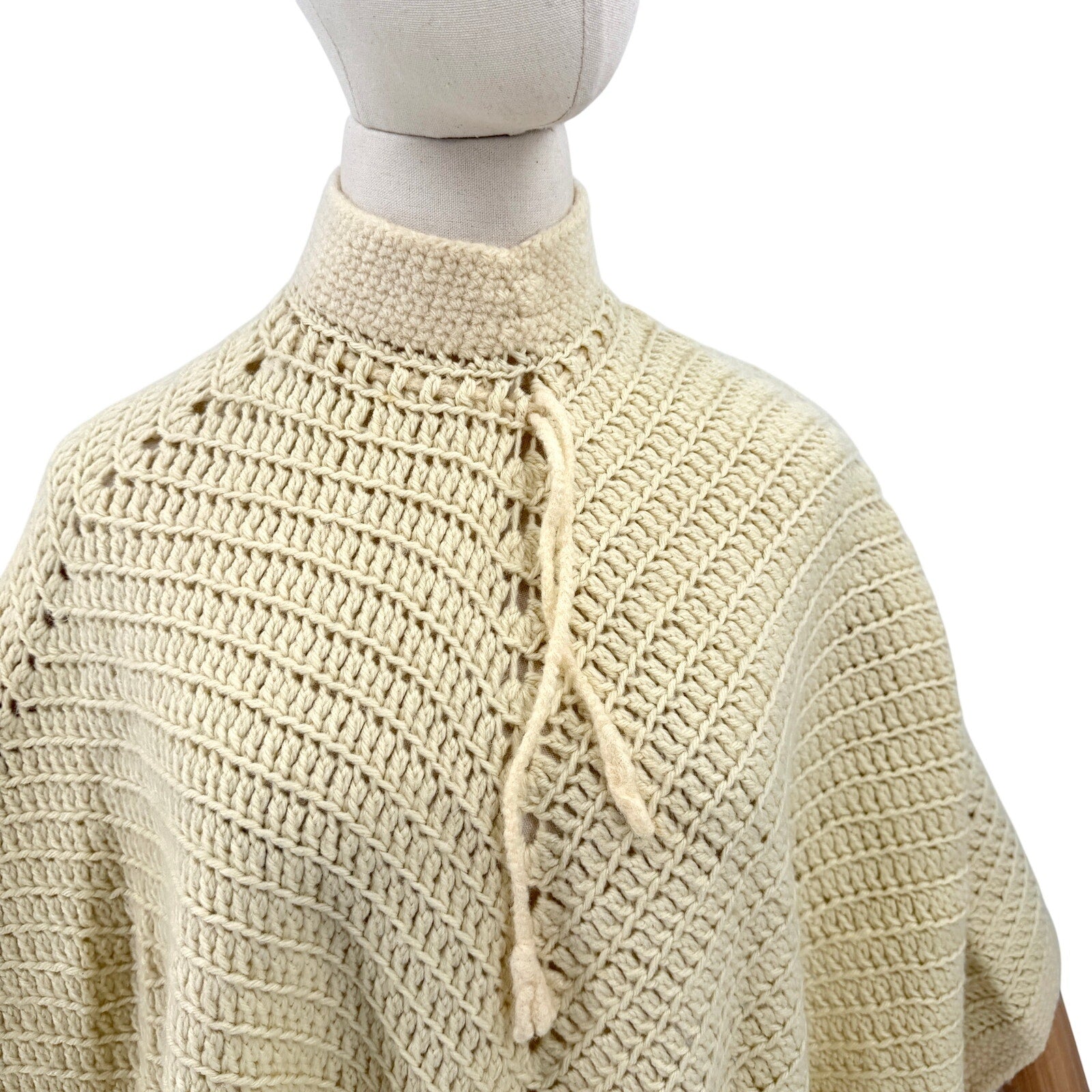 Vintage 70s Cream Hand Crocheted High Neck Tie Poncho