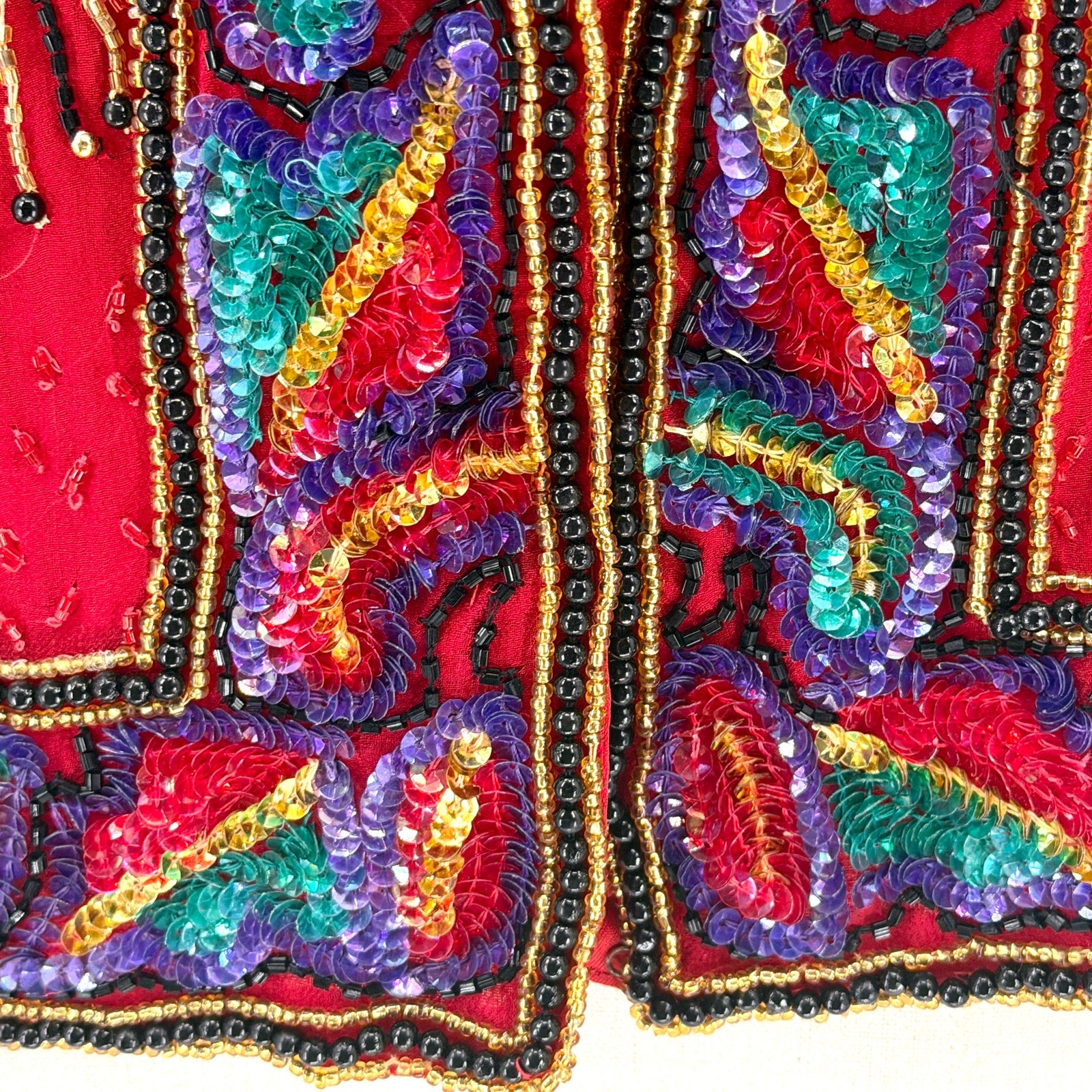 Vintage 90s Laurence Kazar Red 100% Silk Beaded Tassel Glam Statement Jacket