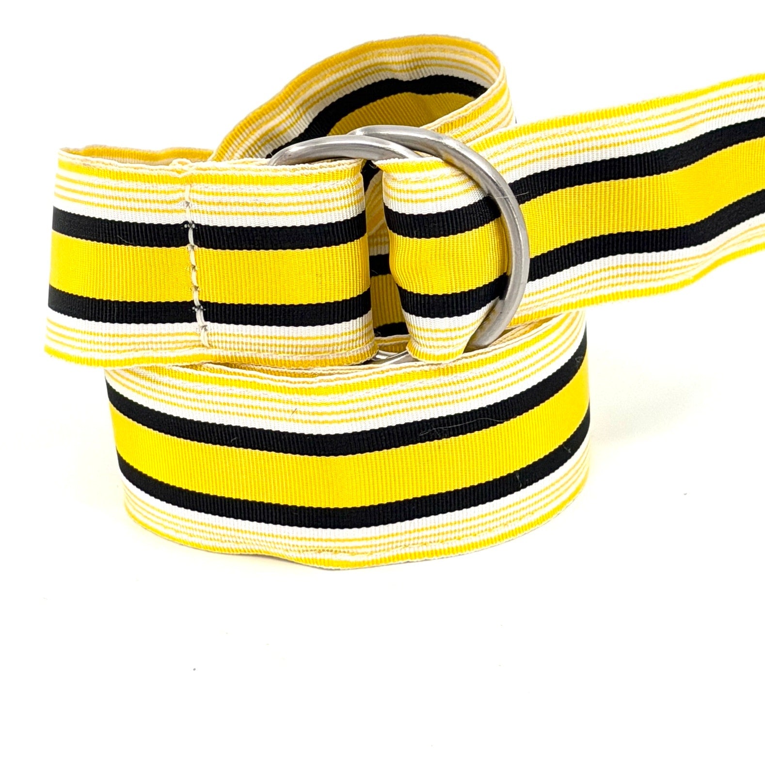 Vintage 90s J.Crew Yellow Black Striped Preppy Grosgrain D-Ring Ribbon Belt