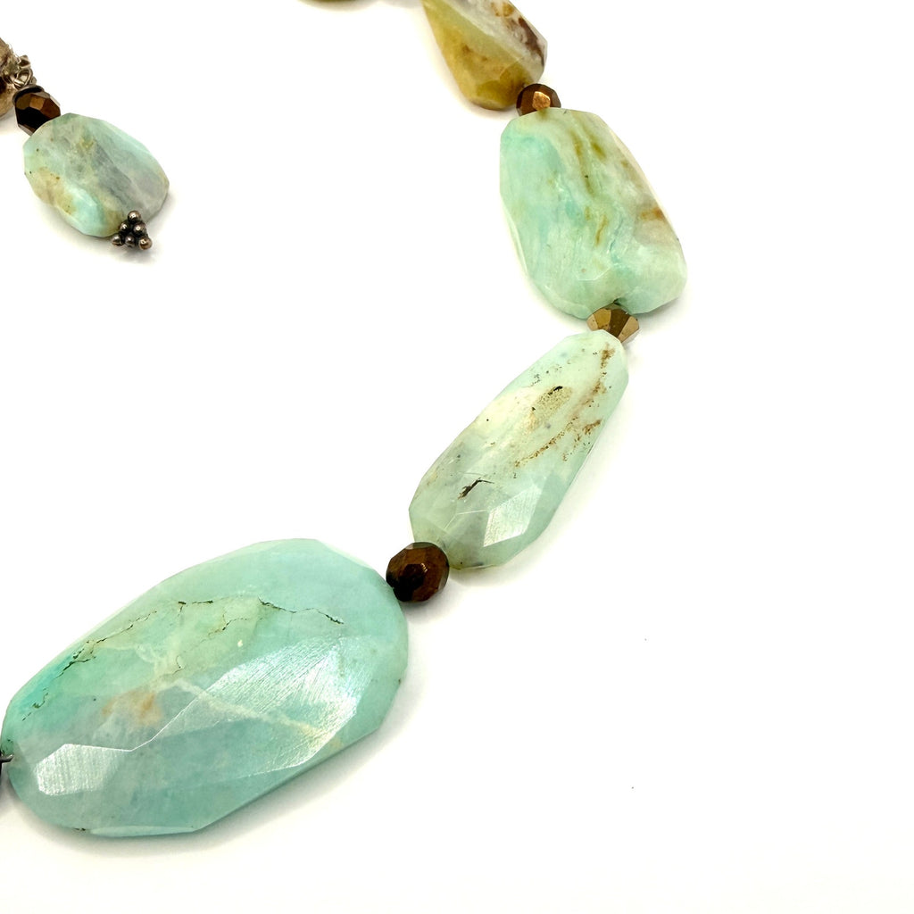 Vintage 90s Blue Green Amazonite Chunk Necklace and Stud Drop Earring Set