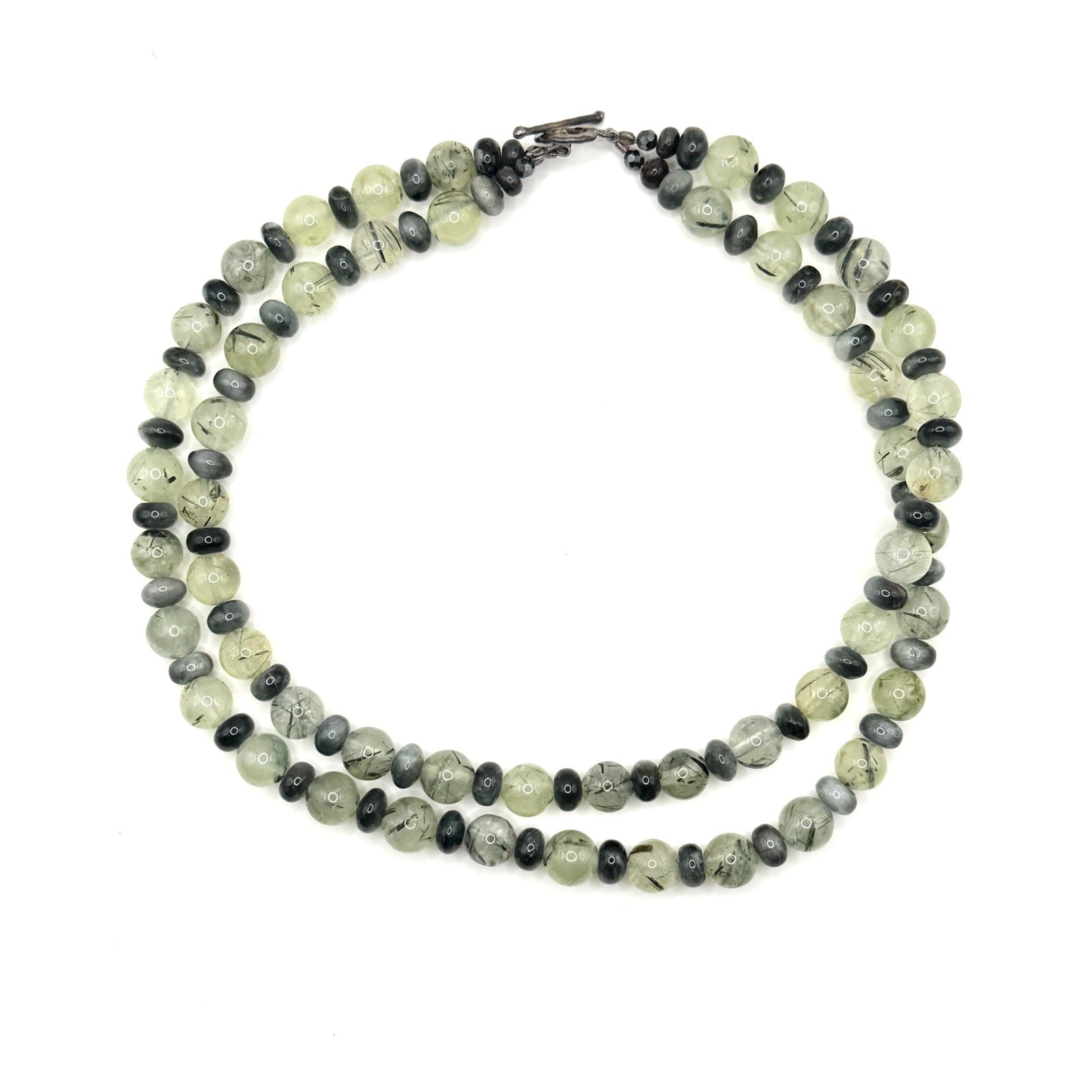 Vintage 90s Green Double Strand Rutilated Prehnite Toggle Necklace