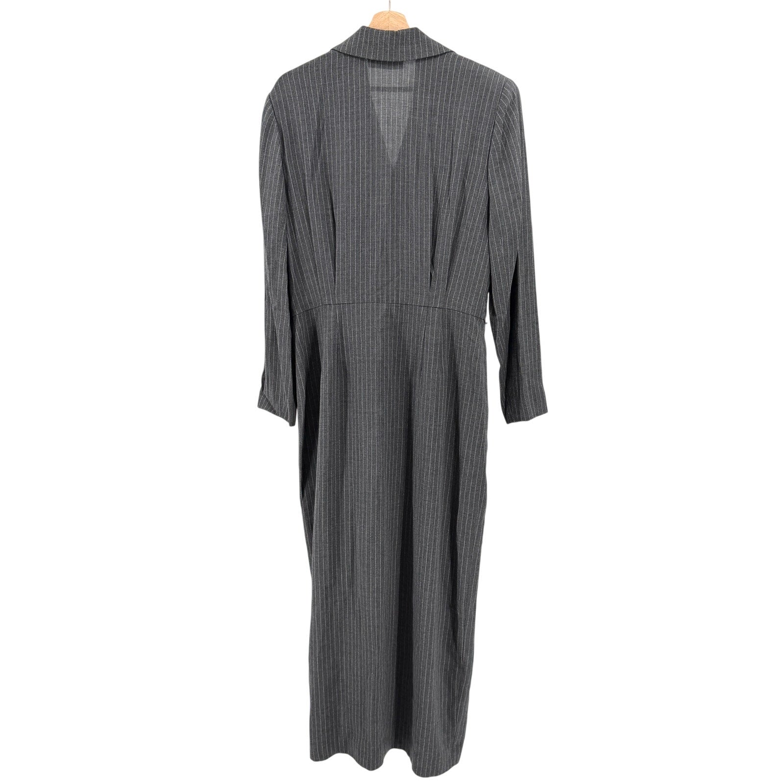 Vintage 90s Linda Allard Ellen Tracy Gray Pinstripe Wrap Maxi Dress Coat