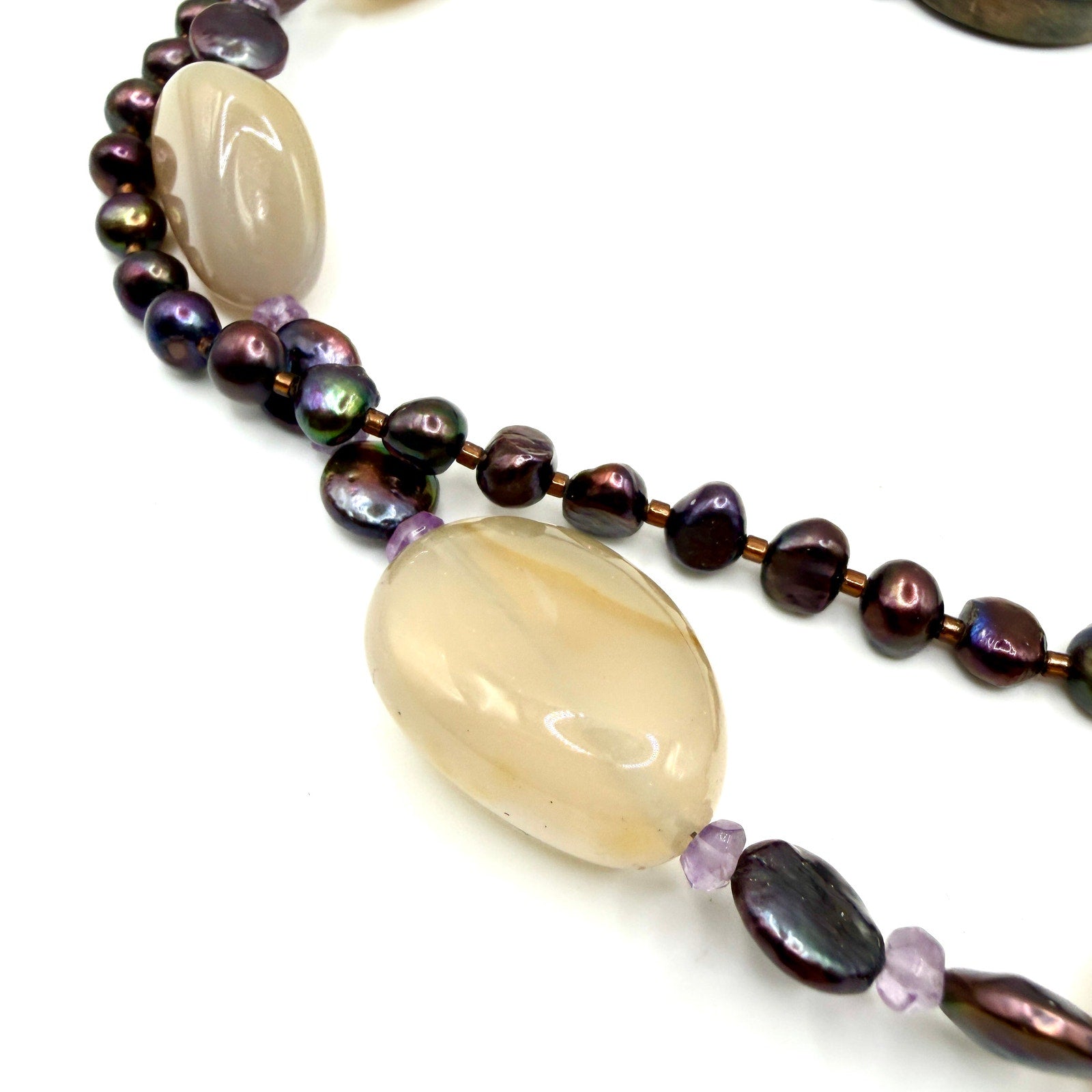 Vintage 90s Sterling Silver Agate Pearl Multi Strand Statement Necklace
