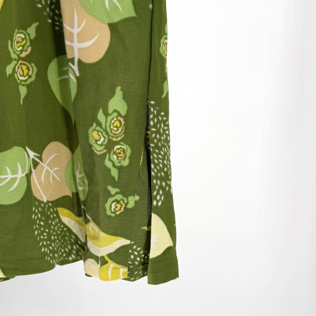 Vintage 70s Handmade Green Funky Leaf Print V-Neck Patio Midi Dress