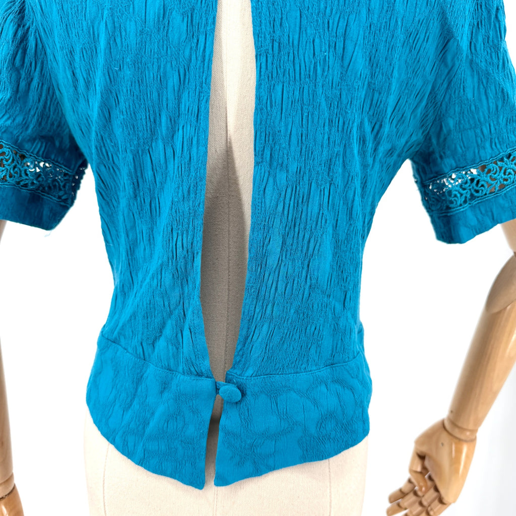 Vintage 90s Karin Stevens Teal Rayon Crinkle Lace Open Back Top