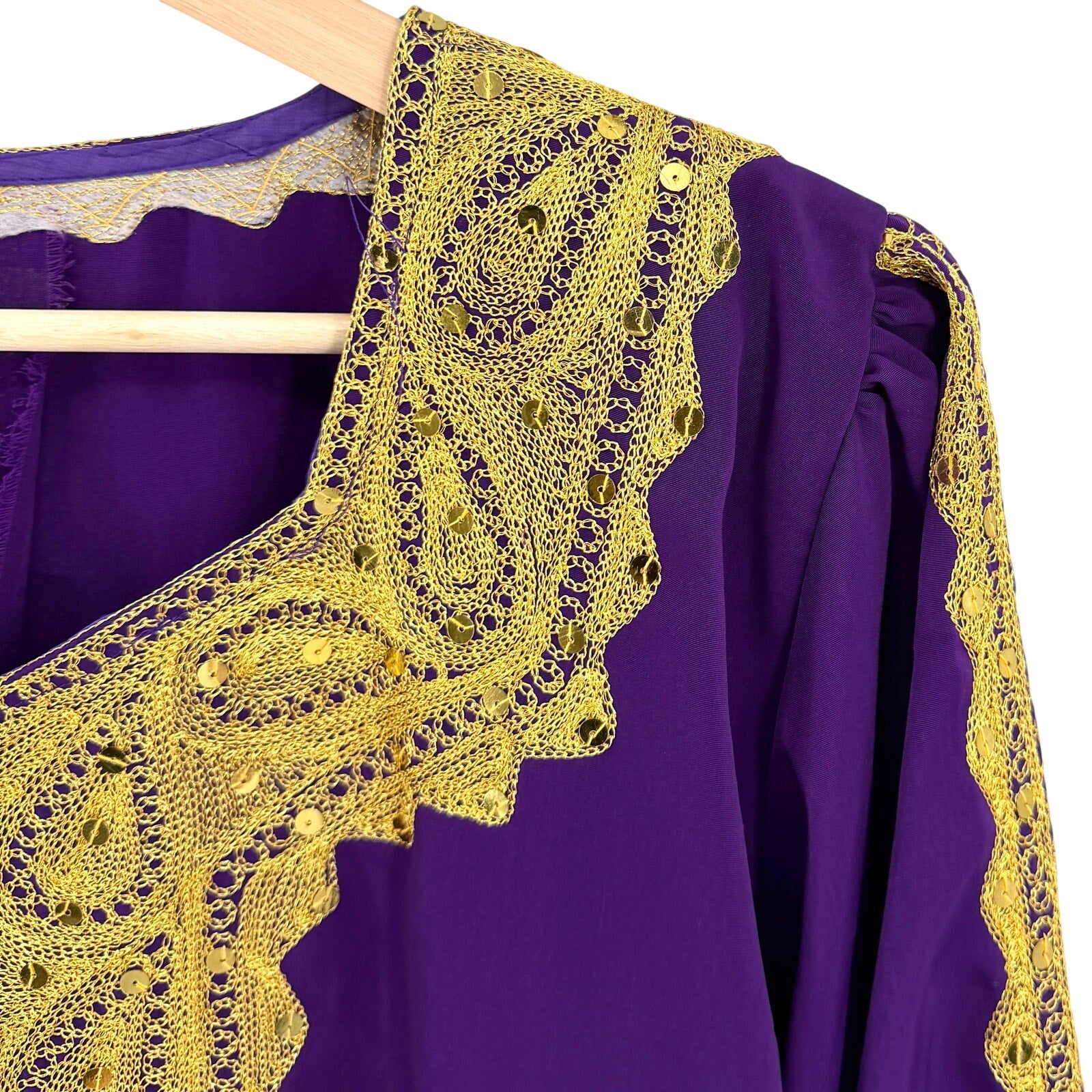 Vintage 90s Purple Gold Embroidered Sequin African Kaftan Maxi Dress