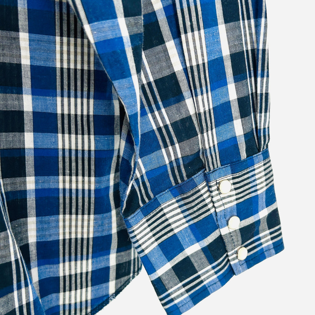 Rustler Blue Black Plaid Cotton Blend Western Pearl Snap Shirt