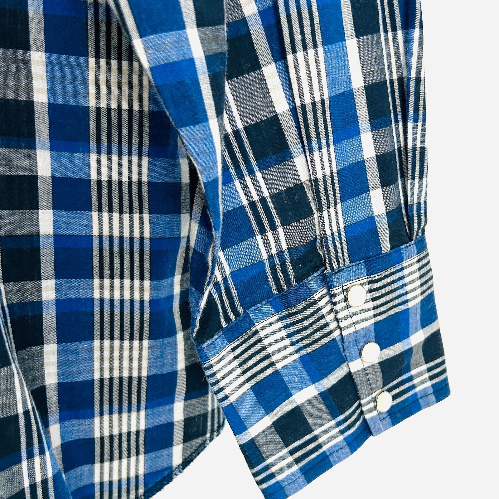 Rustler Blue Black Plaid Cotton Blend Western Pearl Snap Shirt