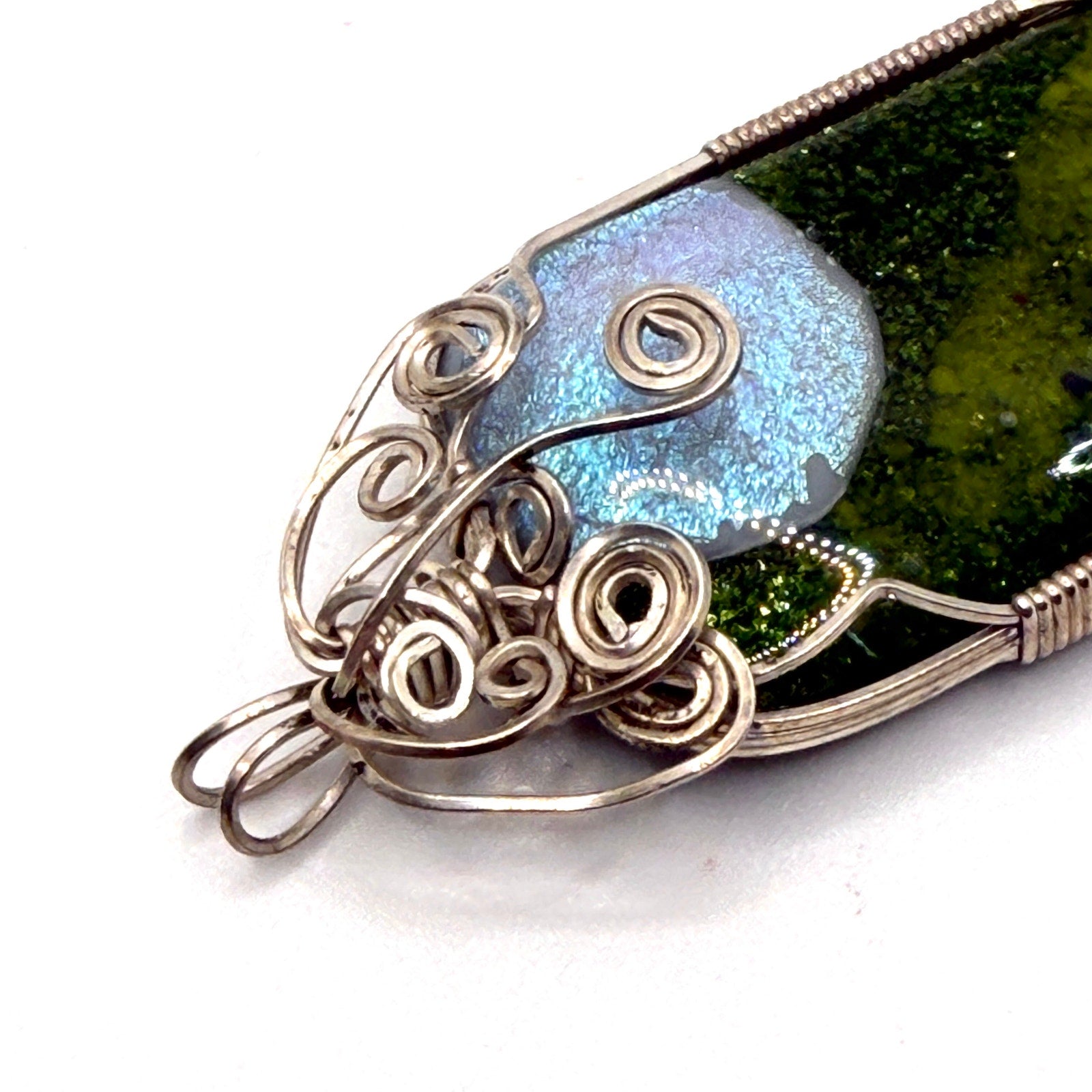 Vintage 90s Green Blue Dichroic Glass Wire Wrapped Statement Pendant