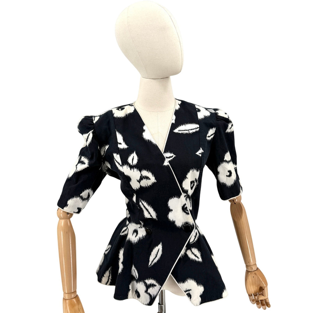 Vintage 80s Lady Carol Black White Floral Peplum Double Breasted Jacket Blouse