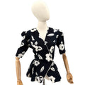 Vintage 80s Lady Carol Black White Floral Peplum Double Breasted Jacket Blouse