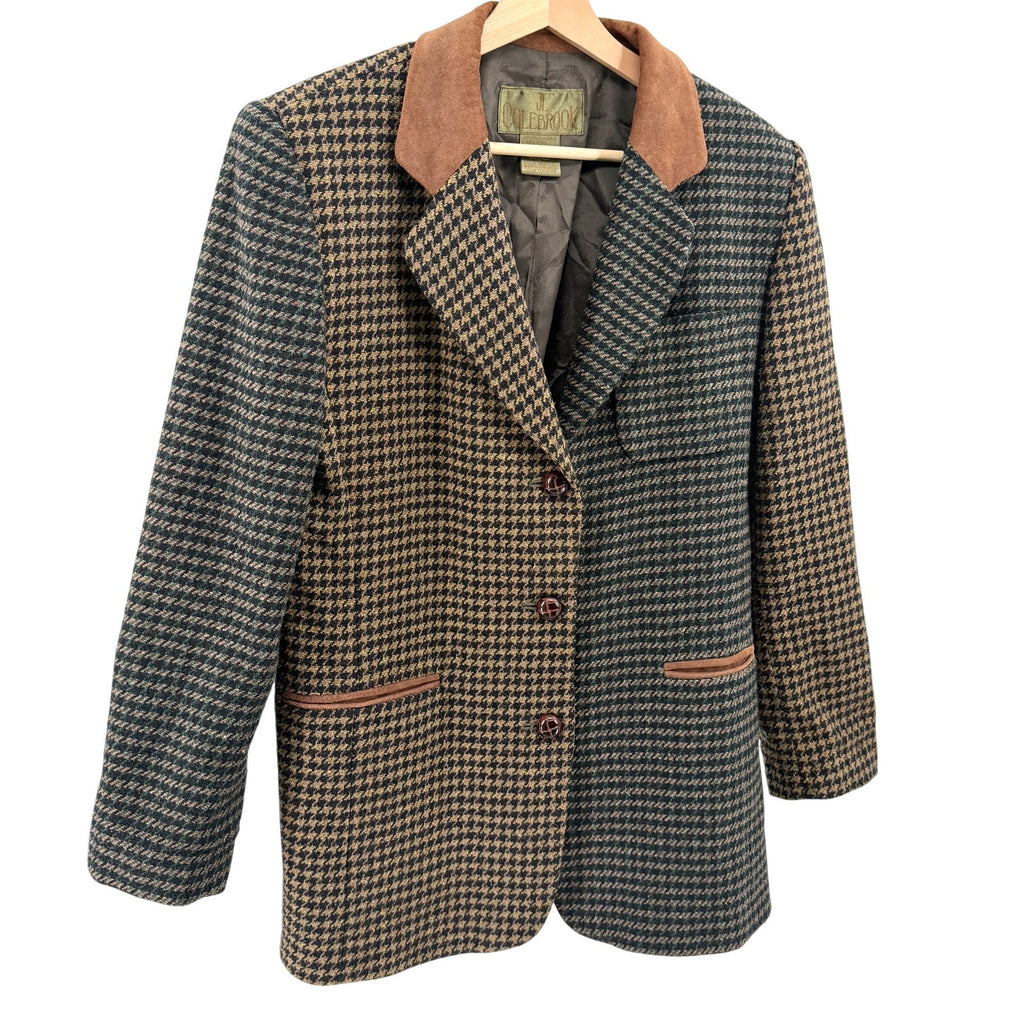 Vintage 90s JL Colebrook Tan Green Houndstooth Suede Trim Blazer