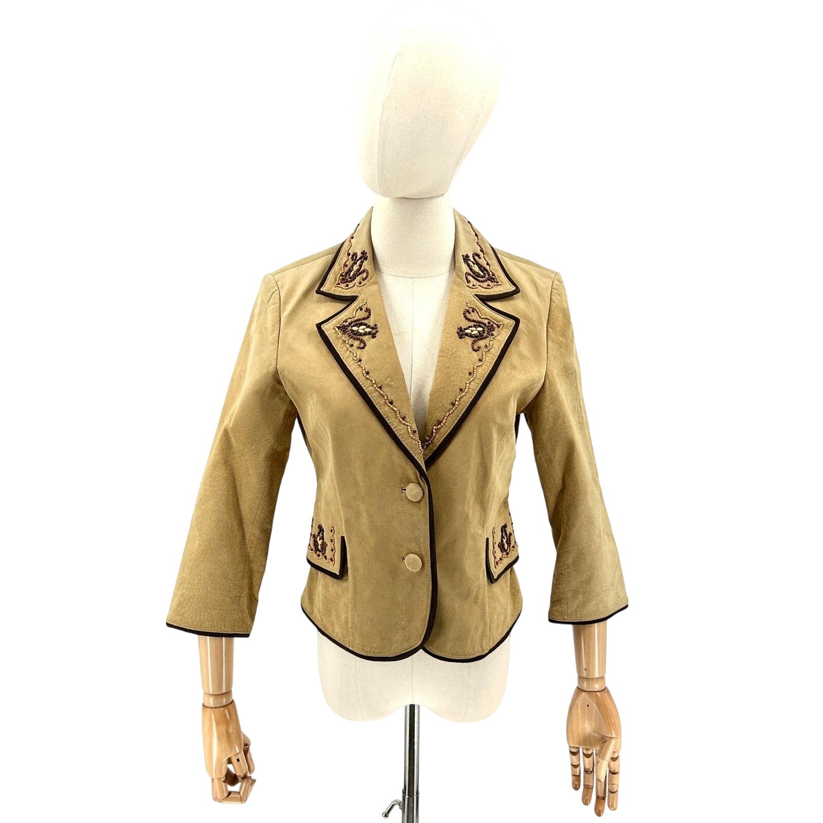 Vintage 90s Margaret Godfrey Tan Genuine Suede Beaded Western Blazer