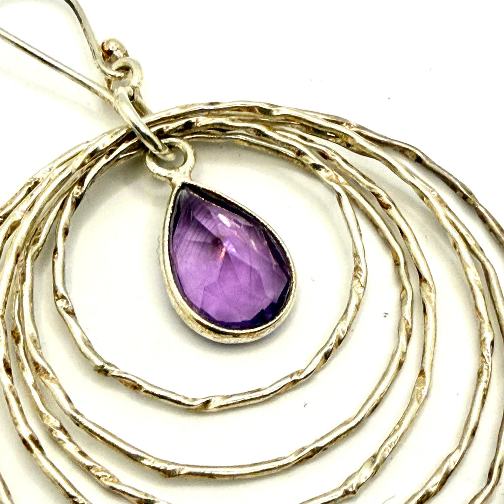 Vintage 90s Sterling Silver Amethyst Hammered Concentric Ring Drop Earrings