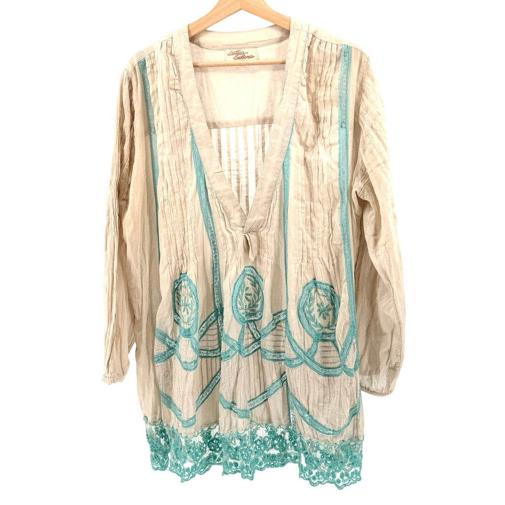 Antica Sartoria Beige Teal 100% Cotton Embroidered Lace Tunic Top