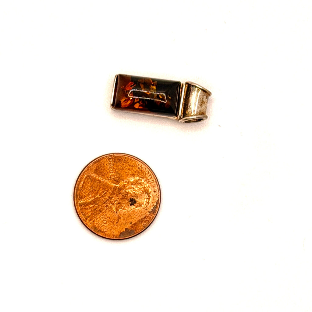 Vintage 90s Sterling Silver Cognac Amber Rectangular Modernist Pendant