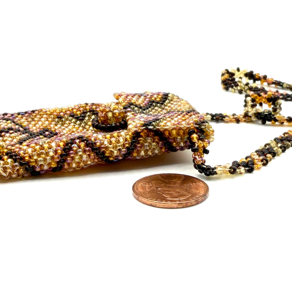 Vintage 90s Boho Bronze Gold Hand Beaded Glass Seed Bead Amulet Pouch Necklace