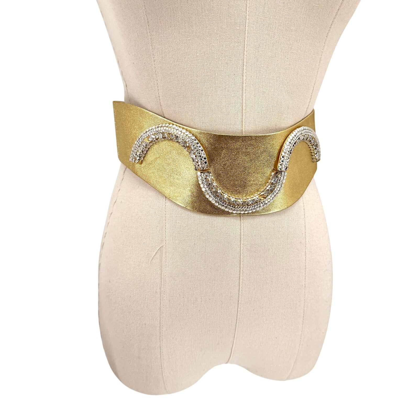 Vintage 80s Henryks Bijoux Gold Genuine Leather Austrian Crystal Belt