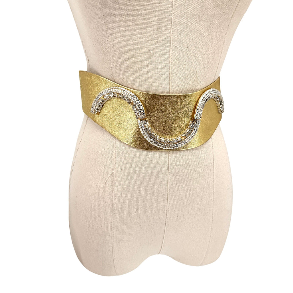 Vintage 80s Henryks Bijoux Gold Genuine Leather Austrian Crystal Belt