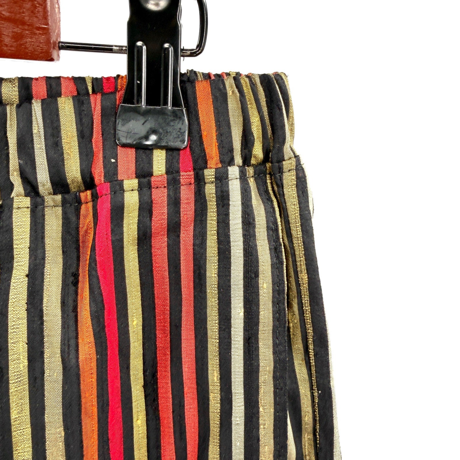 Black Multi-Color Striped Raw Silk Blend Elastic Waist Tapered Pants