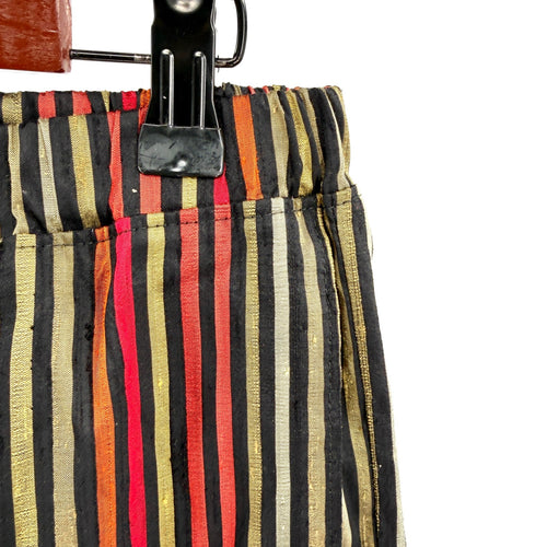 Black Multi-Color Striped Raw Silk Blend Elastic Waist Tapered Pants