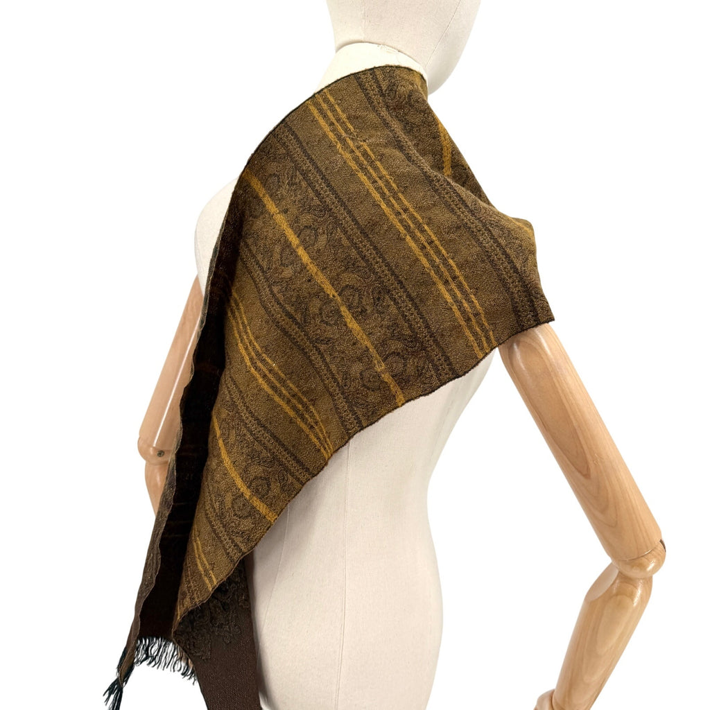 Vintage Y2K Olive Green Paisley 100% Wool Woven Fringe Oblong Scarf