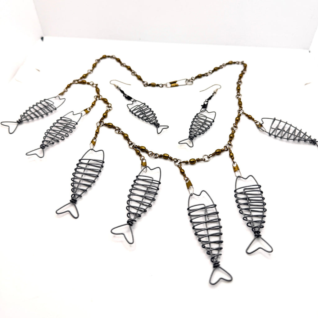 Vintage 90s Silver Brass Wire Fishing Swivel Fish Skeleton Charm Jewelry Set