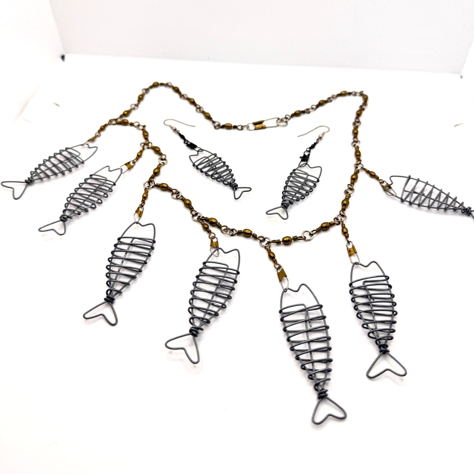Vintage 90s Silver Brass Wire Fishing Swivel Fish Skeleton Charm Jewelry Set