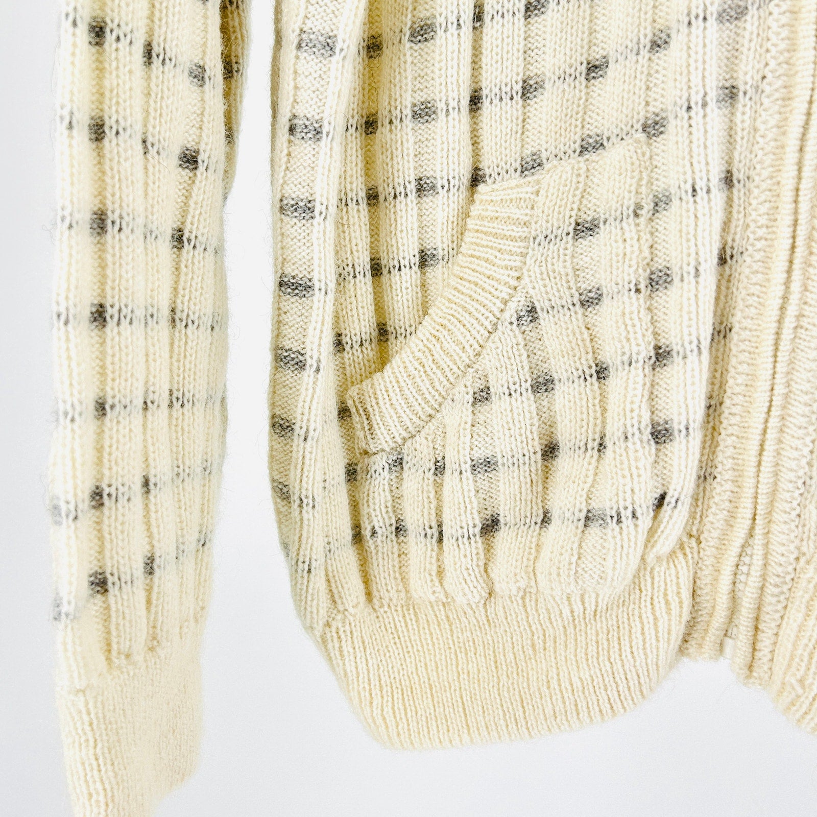 Vintage 90s White Grey Alpaca Striped Full Zip Mock Neck Sweater Jacket