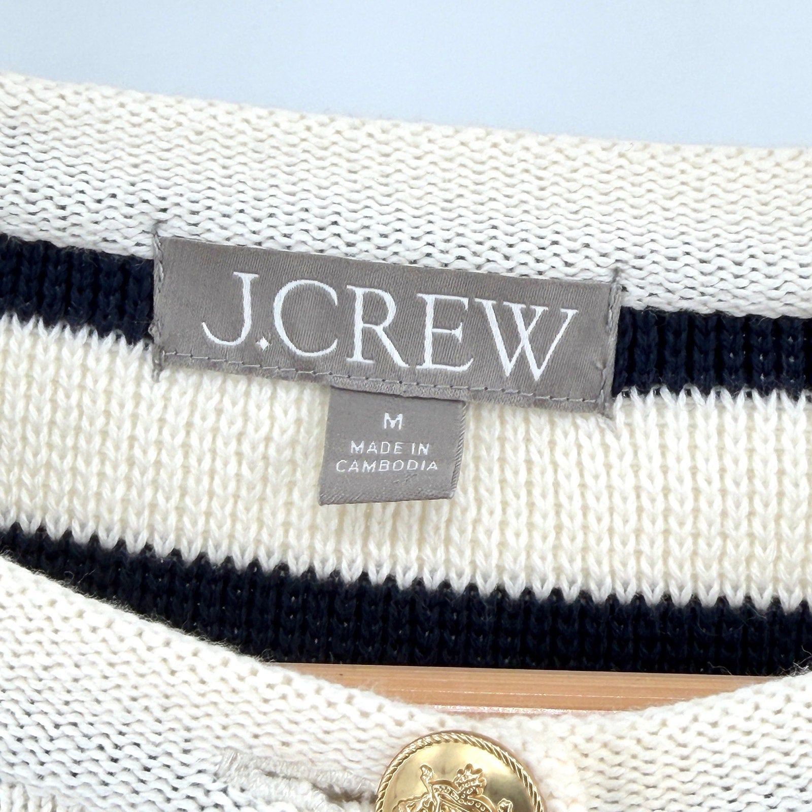 J.Crew Emilie Cream Navy Striped Gold Button 100% Cotton Cardigan Sweater Jacket