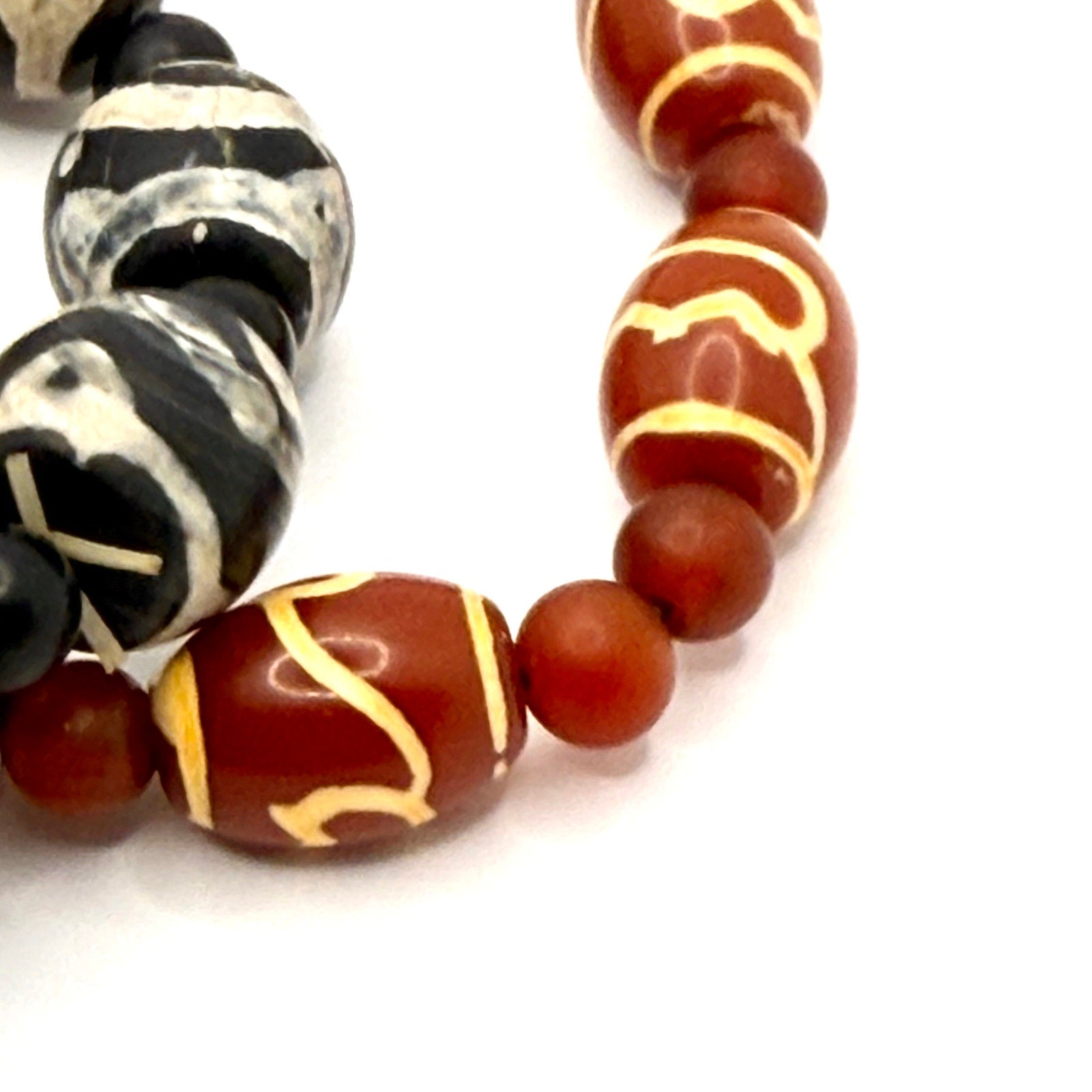 Black Red Etched Dzi Agate Boho Stretch Bracelet Set