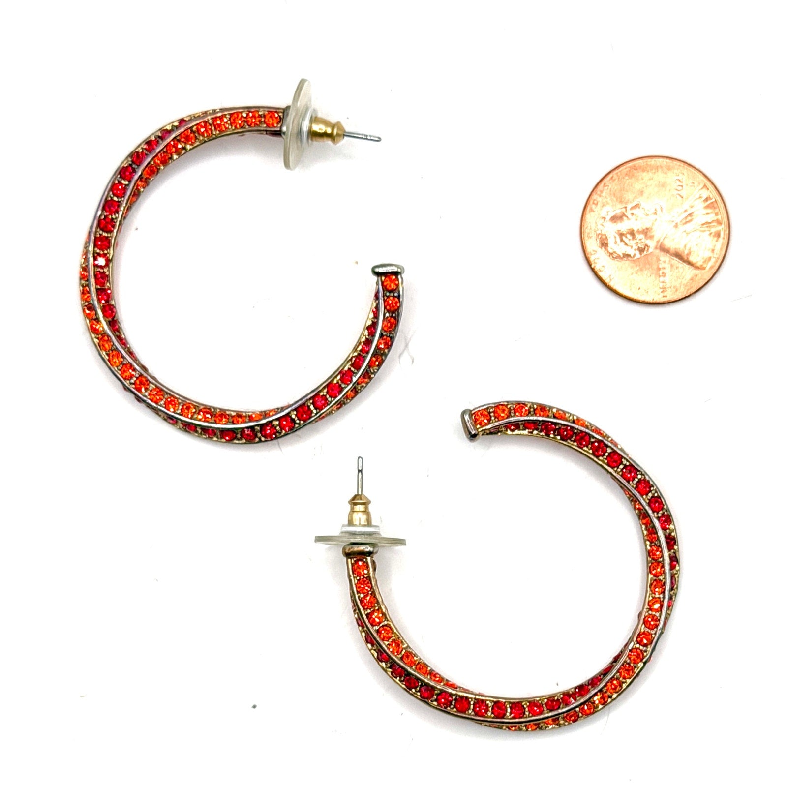 Vintage Y2K Tangerine Red Rhinestone Pave Twisted Hoop Earrings