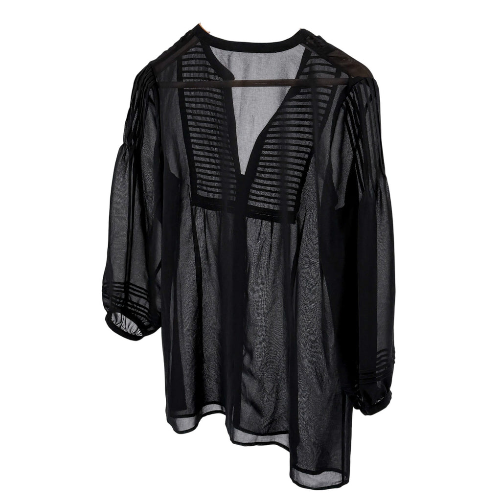 Black 100% Silk Minimalist Pintuck Pleated Sheer V Neck Peasant Blouse Top