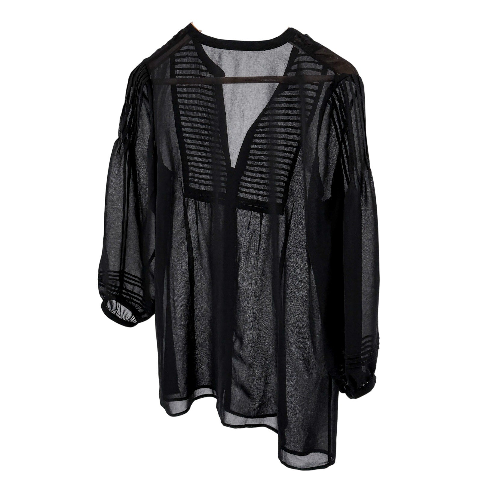 Black 100% Silk Minimalist Pintuck Pleated Sheer V Neck Peasant Blouse Top