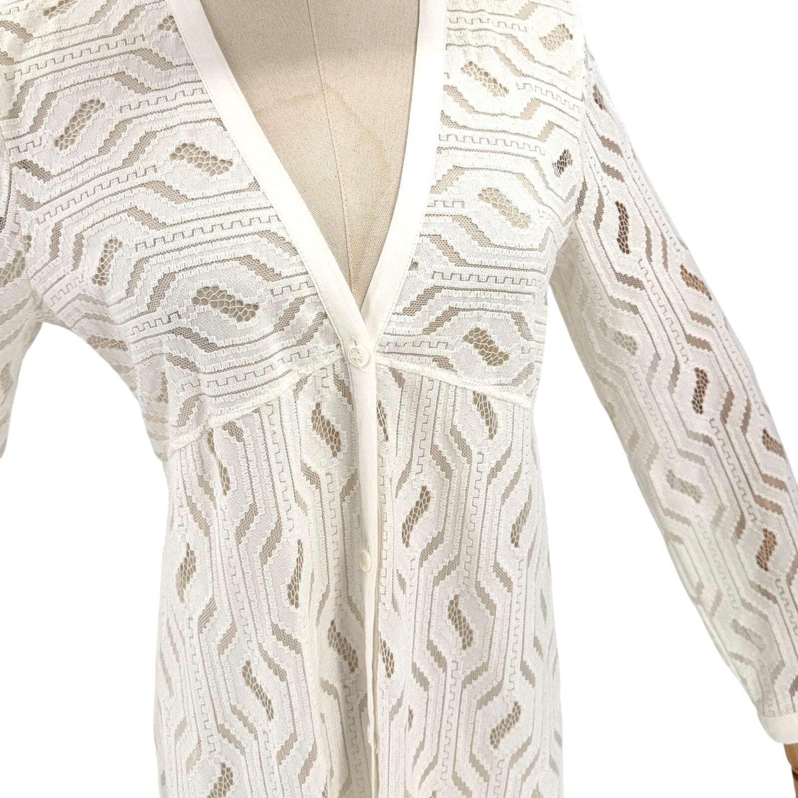 Sharon Young White Lace Geometric Button Front Midi Cover-Up Tunic
