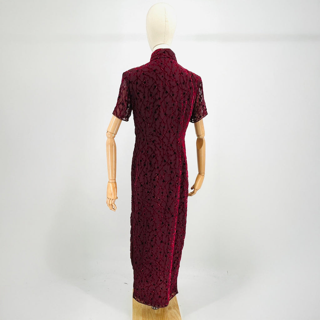 Vintage 90s Chinese Velvet Burnout Burgundy Maxi Cheongsam Dress