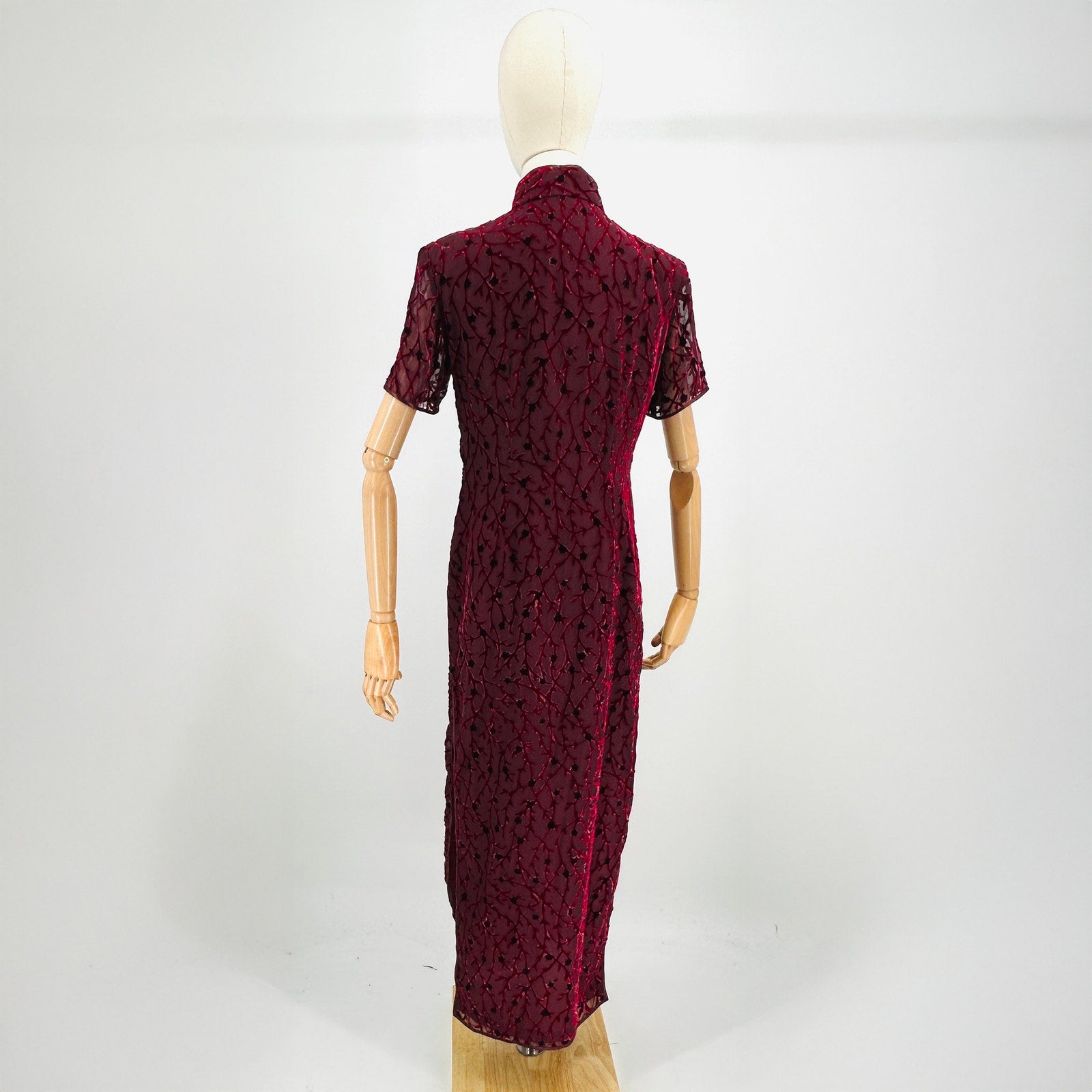 Vintage 90s Chinese Velvet Burnout Burgundy Maxi Cheongsam Dress