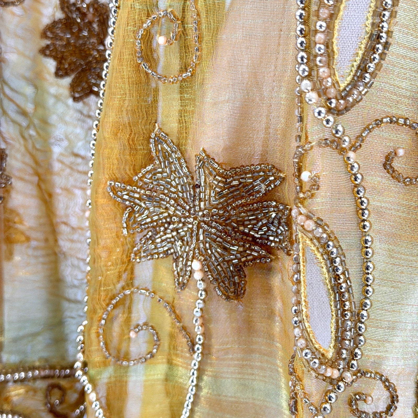 Vintage 80s Tan-Chho Green Gold Maximalist Beaded Sheer Shoulder Pad Duster