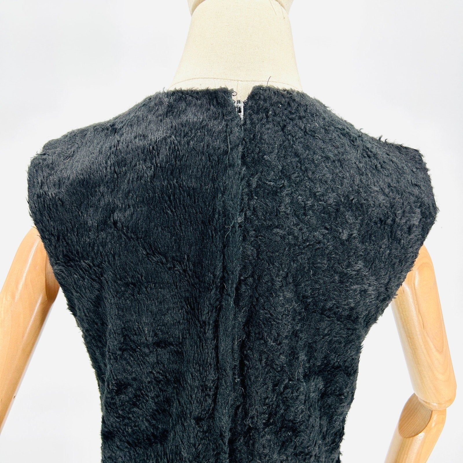 Rare Vintage 80s Handmade Black Faux Fur Sleeveless Midi Mod Retro Dress