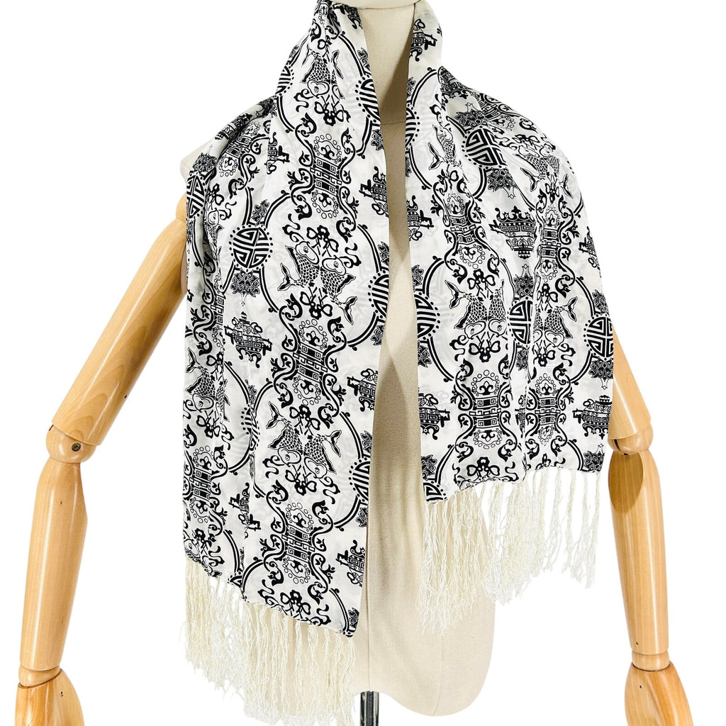 Black White Silk Satin Chinese Asian Motif Tapestry Print Fringe Scarf
