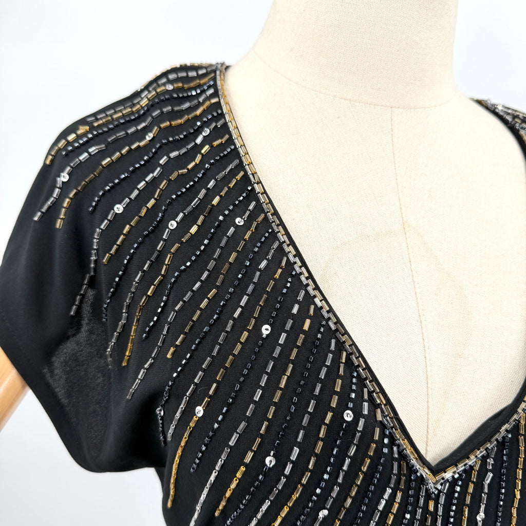 Vintage 80s Nuit Black Drop Waist Beaded Sunburst Flounce Glam Evening Dress