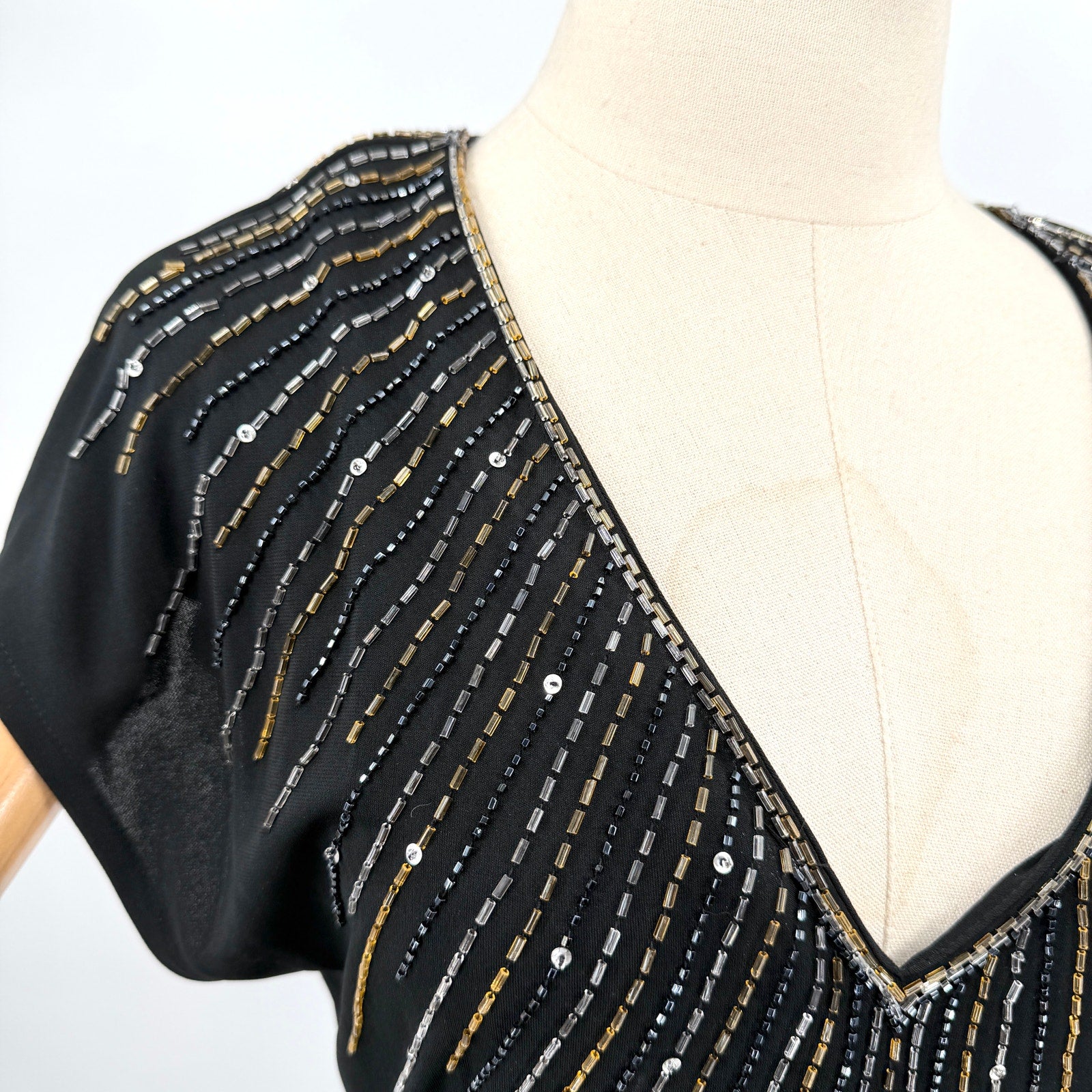 Vintage 80s Nuit Black Drop Waist Beaded Sunburst Flounce Glam Evening Dress