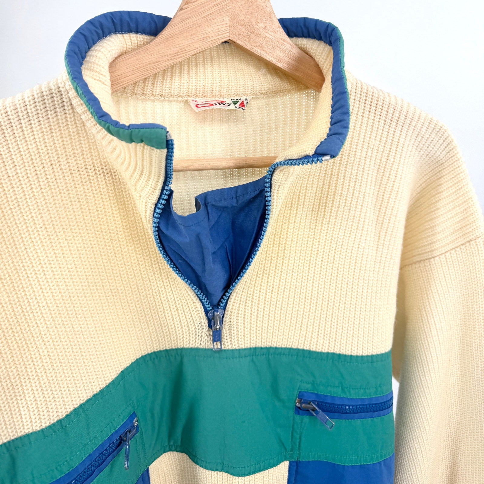 Vintage 90s Silvy Tricot Cream 100% Pure Wool Colorblock Ski Quarter Zip Sweater