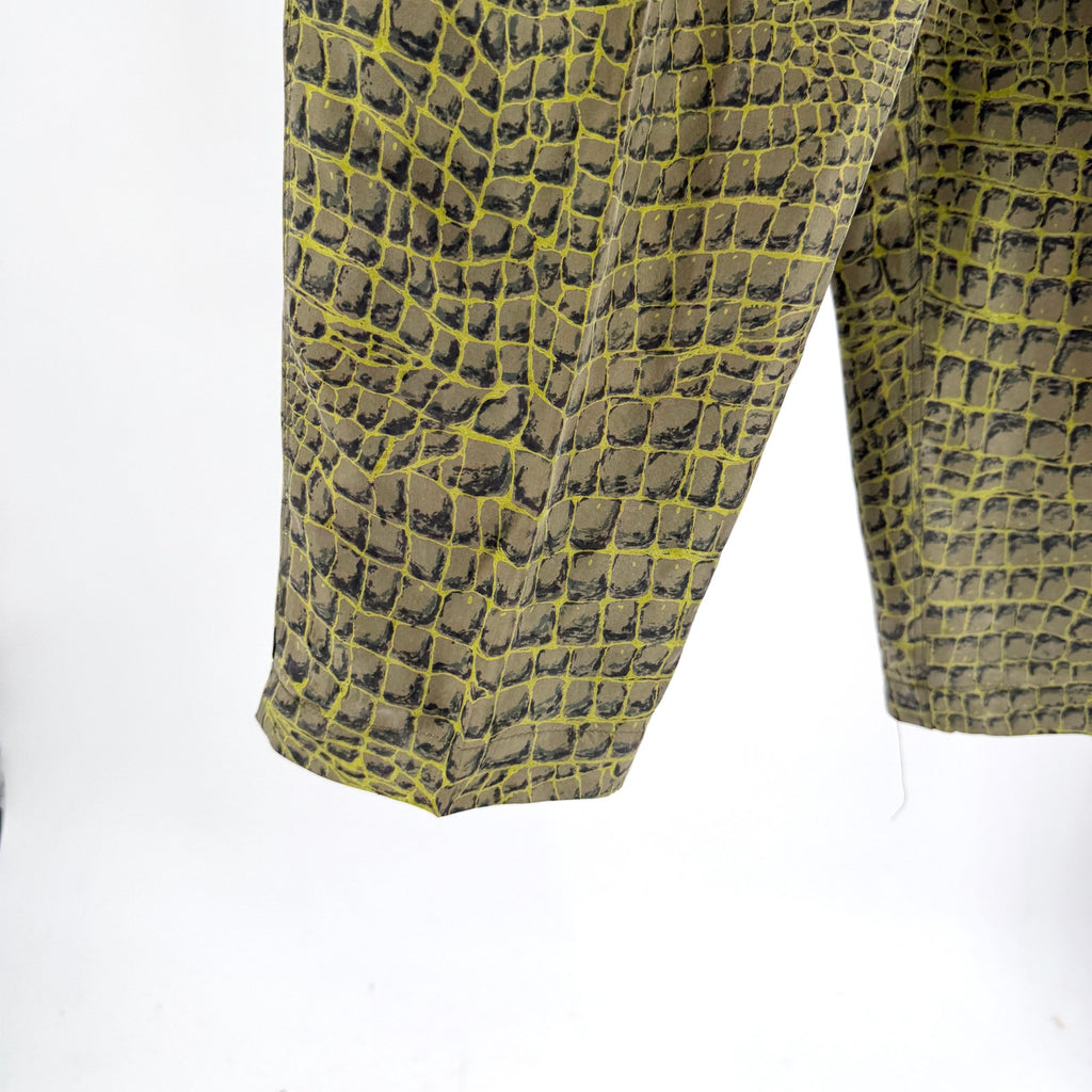 Vintage 90s Diane Gilman Green 100% Silk Alligator Croc Print Taper Leg Pants