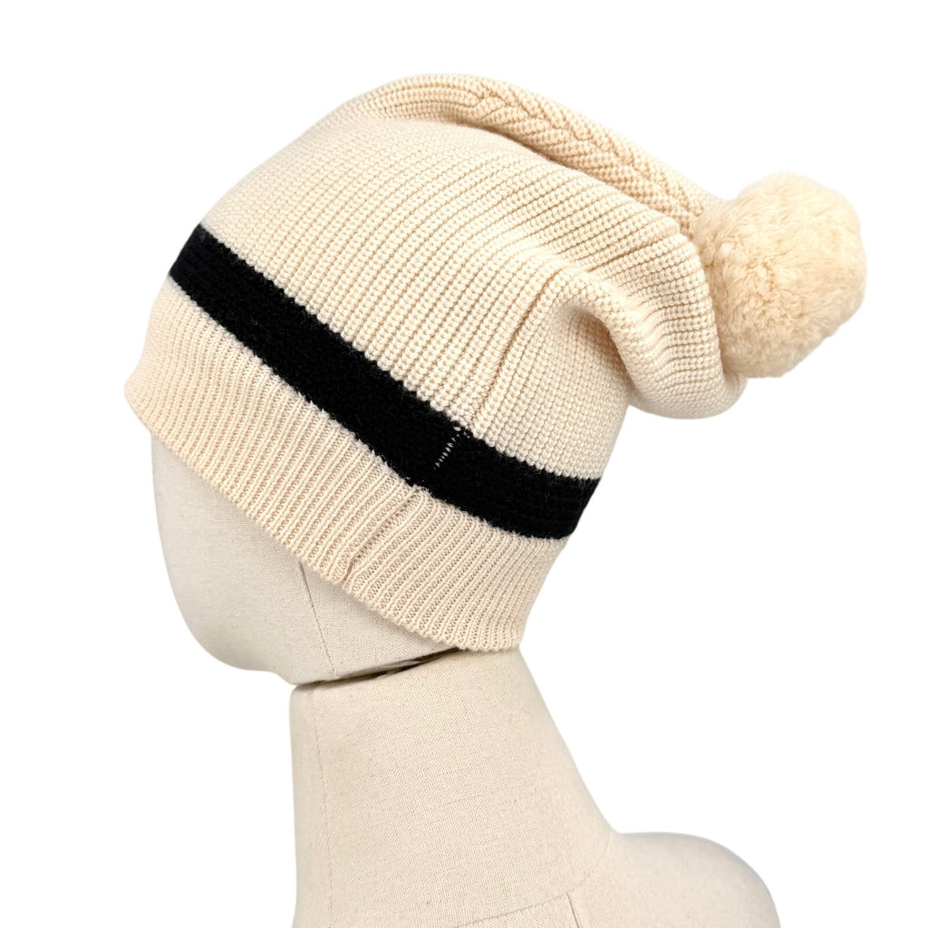 Authier Cream Black Knit Stripe Pom-Pom Winter Hat Beanie