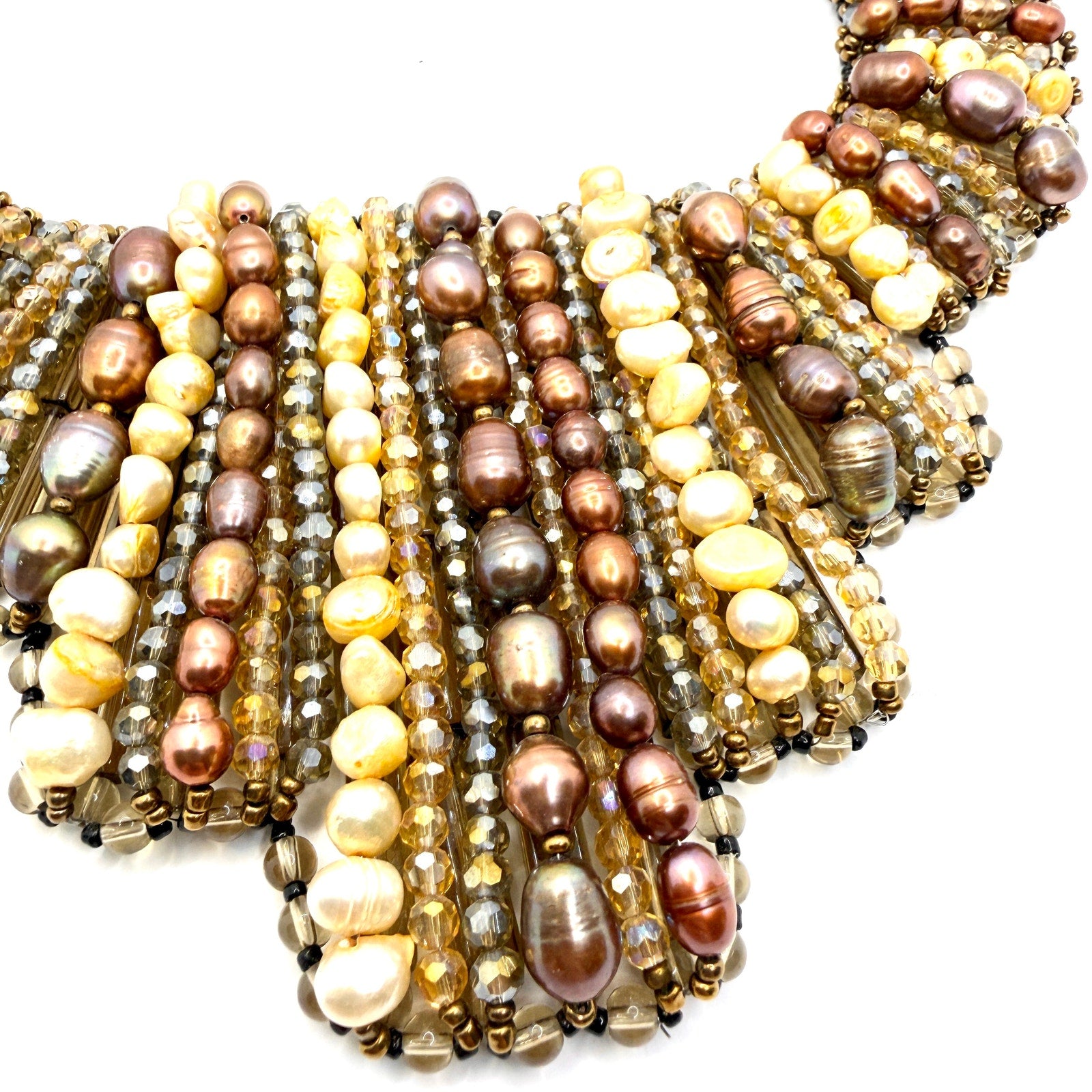 Vintage 90s Multi-Strand Genuine Pearl Glass Bib Statement Necklace